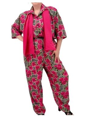 VTG 80s Michele Leslie 3 PC Set Pink Floral Black White Polka Dot Pant Top Scarf